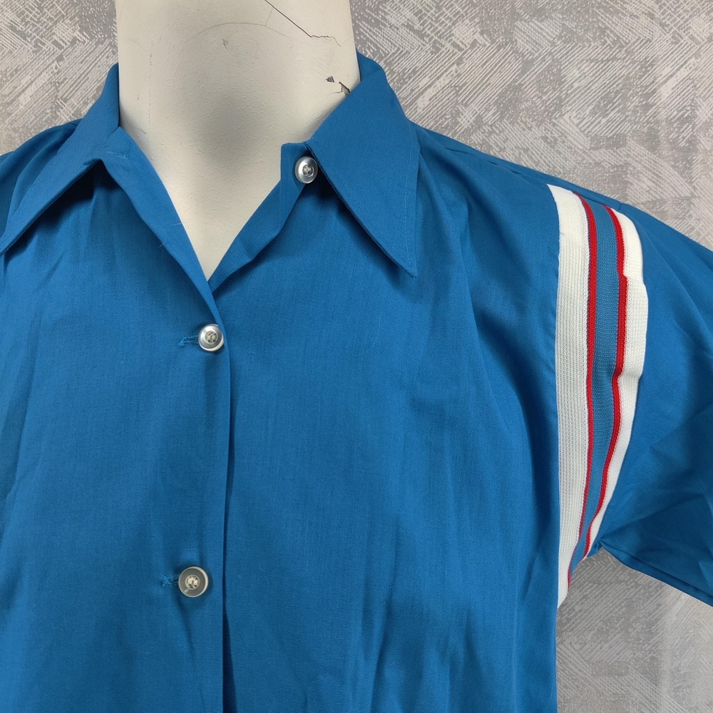 Hilton Bowling Shirt Women 42 Blue Stripe Retro‎ Vintage Short Sleeve Button Up - Picture 2 of 9